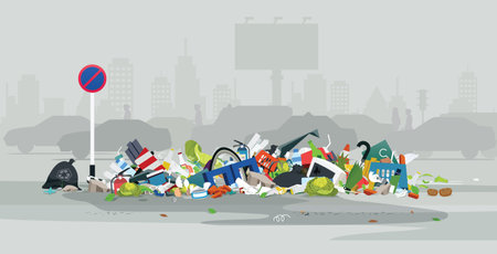 Garbage heap at a traffic sign on a city street.のイラスト素材