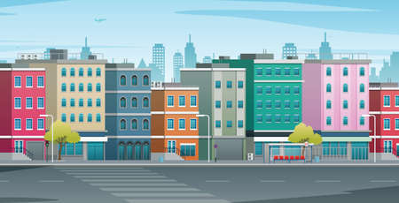 Street buildings and houses with crosswalks in the city.のイラスト素材
