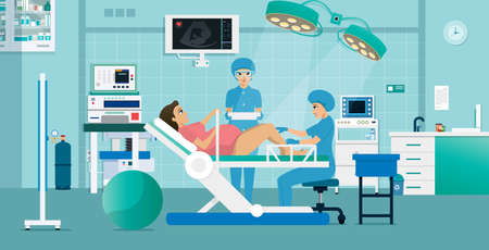 A doctor is giving a natural birth to a pregnant woman.のイラスト素材