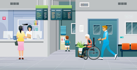 A male nurse is escorting the patient to the hospital reception desk.のイラスト素材