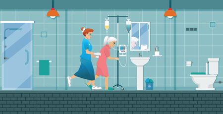 Nurses are helping elderly patients to use the restroom.のイラスト素材