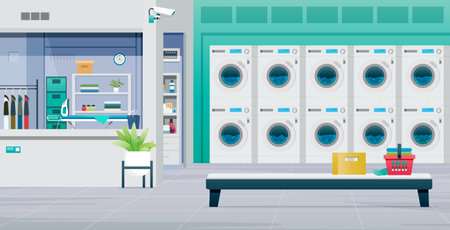 The washing machine is working and the clothes are in the laundry basket in the laundromat.のイラスト素材