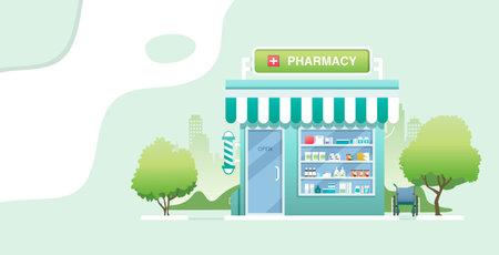 Pharmacy and medical equipment with a city in the background.のイラスト素材