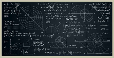 Mathematical and scientific formulas for finding the area of a circle on a blackboard.のイラスト素材