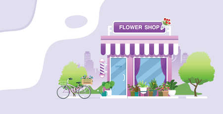 Flower shop with ornamental plants and bicycles with the city as a backdrop.のイラスト素材