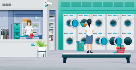 Laundromat workers are ironing and washing clothes.のイラスト素材