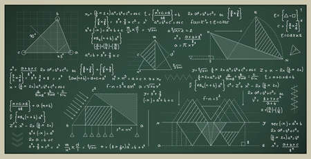 Mathematical and scientific formulas for finding the area of a triangle on a blackboard.のイラスト素材