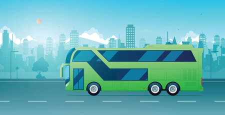Double decker tour buses are driving on city roads.のイラスト素材