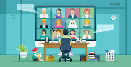 Father works in video conferencing with colleagues and raising children at home.のイラスト素材