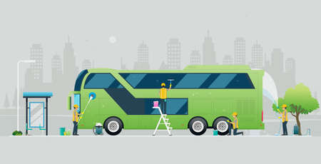A team of workers are cleaning a double decker bus with the city in the background.のイラスト素材