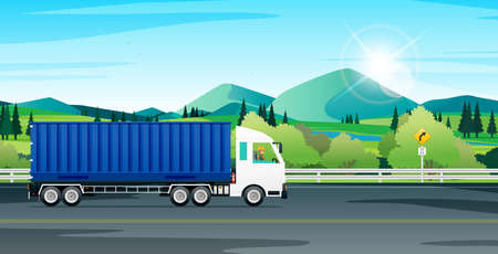 Cargo trucks are running on the highway with traffic signs.のイラスト素材