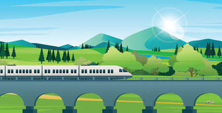 The train is moving on a track with mountains and nature in the background.のイラスト素材