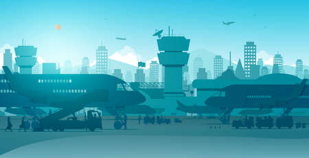An airport in a city where passengers are traveling and workers are working.のイラスト素材