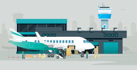 Workers loading cargo boxes transported by planes.のイラスト素材