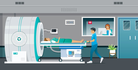 A medical technician examining a patient with an MRI machine.のイラスト素材