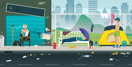 Homeless people live on sidewalks in city streets.のイラスト素材