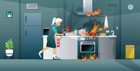An elderly housewife is using a fire extinguisher in the kitchen.のイラスト素材