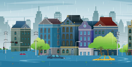 Buildings and cars are drowning from the continuous rain.のイラスト素材
