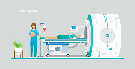 Medical technicians are taking patients to an MRI scanner.のイラスト素材