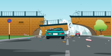 The elevated bridge collapsed on top of the car.のイラスト素材