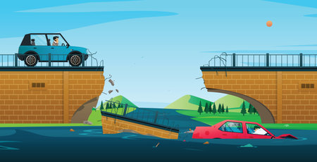 The car fell into the river as a result of a bridge collapse.のイラスト素材