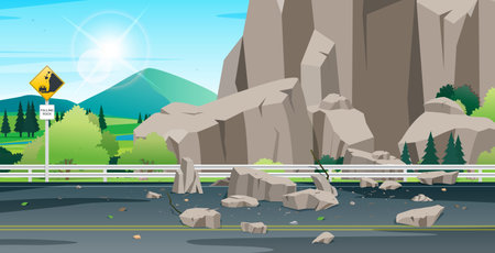 Rocks falling on the highway with stone warning signs.のイラスト素材