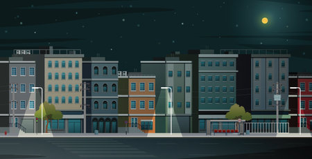 City street with buildings and moon in the middle of the night.のイラスト素材