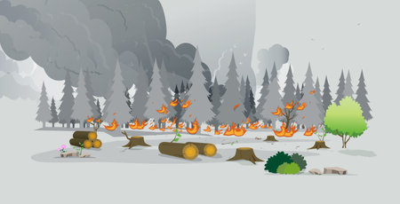 The fire is burning the trees in the forest on a gray background.のイラスト素材