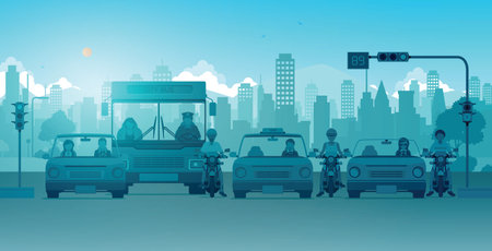 Cars and motorcycles are waiting for traffic lights in the city.のイラスト素材
