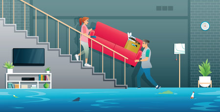 Husband and wife are raising sofas to protect belongings from high floods.のイラスト素材