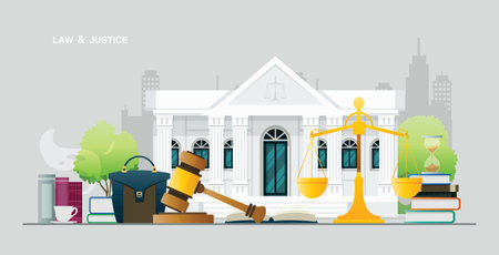 Judicial court building with scales and law codes.のイラスト素材