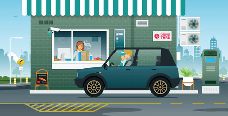 Husband and wife waiting to receive food at the Drive Thru counter.のイラスト素材