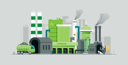 Garbage trucks come to the factory for recycling to get new materials.のイラスト素材