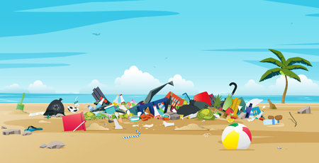 Plastic waste and food discarded on the beach.のイラスト素材