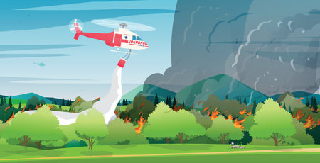 A helicopter is spraying chemicals to extinguish forest fires.のイラスト素材