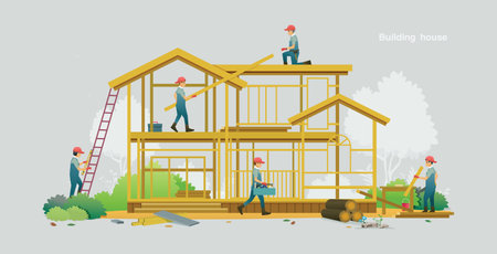 Workers are building houses with gray background.のイラスト素材