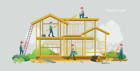 Illustration for Workers are building houses with gray background. - Royalty Free Image