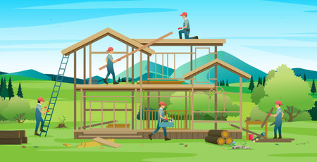 Workers are building a wooden house in the countryside.のイラスト素材