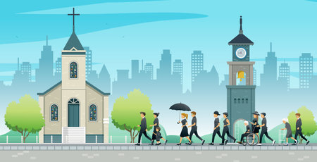People dressed in black were walking towards the church.のイラスト素材