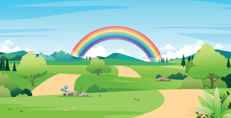 Green fields with mountains with rainbow in the background.のイラスト素材