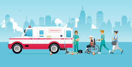The emergency team provides first aid to the injured before transporting them to the hospital.のイラスト素材