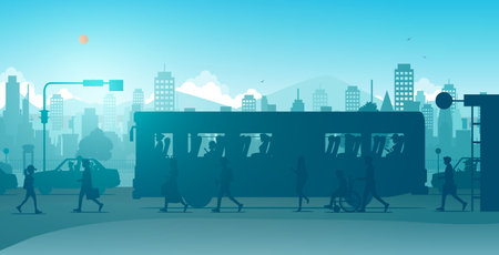 Buses stop to pick up passengers with the city in the background.のイラスト素材