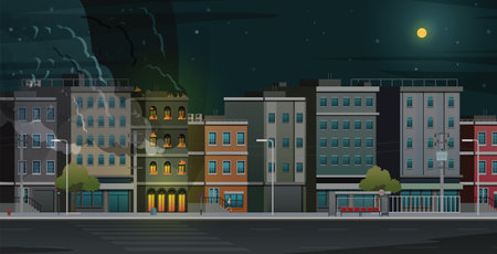 City street buildings caught fire in the middle of the night.のイラスト素材