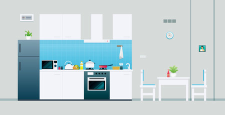 Kitchen set and household equipment with gray background.のイラスト素材