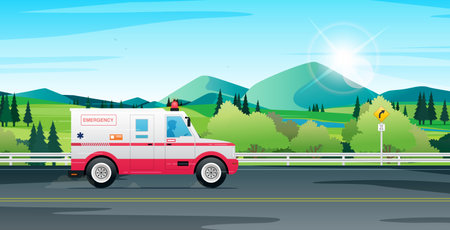 Rescuers are driving emergency vehicles on the highway.のイラスト素材