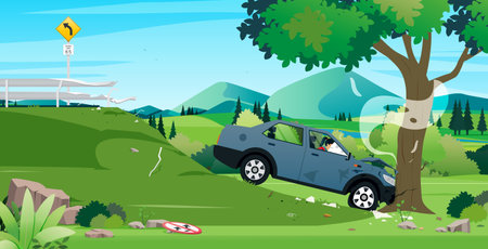 A woman had an accident driving down a canyon and crashed into a tree.のイラスト素材