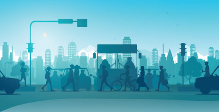 Workers are walking across a pedestrian crossing with traffic lights.のイラスト素材