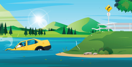 A woman crashed her car into a railing and fell into the water.のイラスト素材