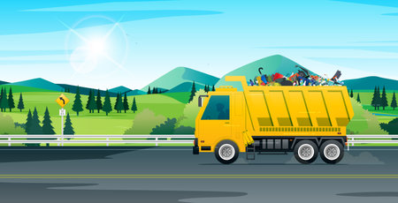 A yellow garbage truck is passing along the highway.のイラスト素材
