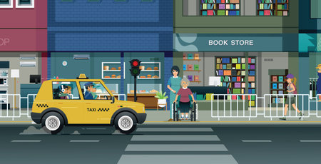 People waiting at traffic lights to cross the city road.のイラスト素材
